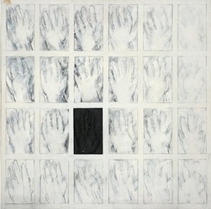 Zarrine-Asfar’s 1970s Black Plaster Hand in oil and pencil on canvas with plaster. Source: Grey